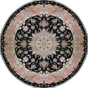 فرش تبریز دایره کارکرده دستباف مشکی نقشه ترنج ۵۰ رج گل ابریشم – (قطر ۲۰۰ سانتی‌متر) – کد ۸۱۴