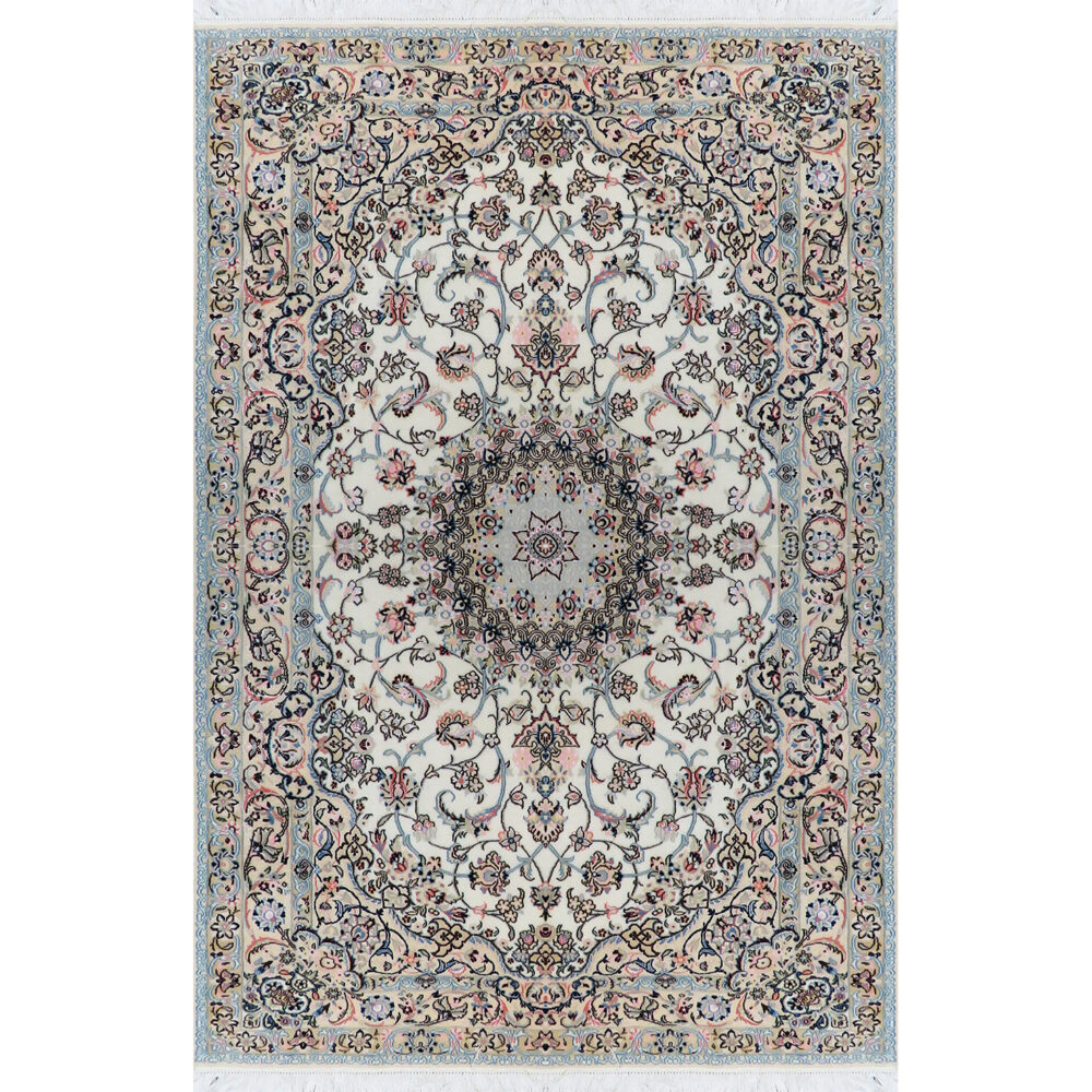 فرش دستباف نایین کرم نقشه لچک و ترنج ۹ لا گل ابریشم – سایز پرده‌ای (۱۶۰ × ۲۲۰ سانتی‌متر) – کد ۹۳۵