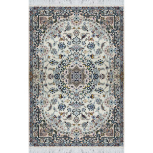 فرش دستباف نایین ذرع‌ونیم نقشه لچک و ترنج ۹لا گل ابریشم – کد ۹۶۷