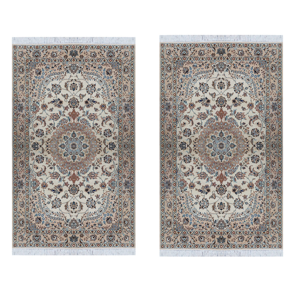 جفت فرش دستباف نایین ۳متری گل ابریشم کرم ۹لا – (کد ۹۵۸و۹۵۹)