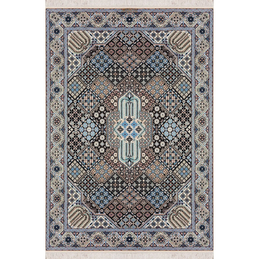 فرش نایین طرح جوشقان دستباف سرمه‌ای ۶ لا گل ابریشم – قالیچه (۱۳۲ × ۱۹۵ سانتی‌متر) – کد ۱۰۶۳