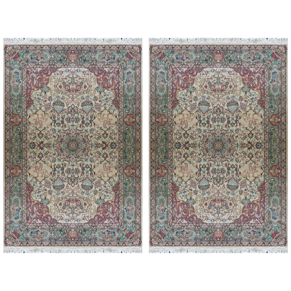 فرش دستباف کاشمر جفت ۶ متری کرم نقشه کاسه و کوزه گل ابریشم