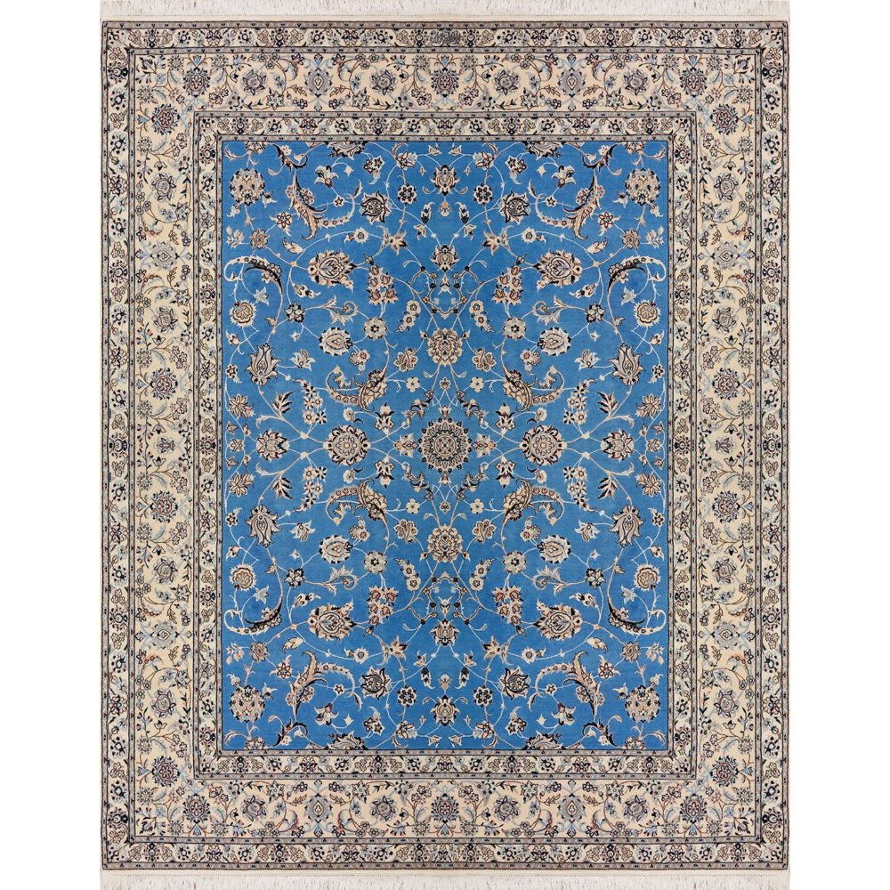 فرش دستباف نایین آبی نقشه افشان ۶ لا گل ابریشم – سایز خاص (۲۰۰ × ۲۶۰ سانتی‌متر) – کد ۱۰۵۷