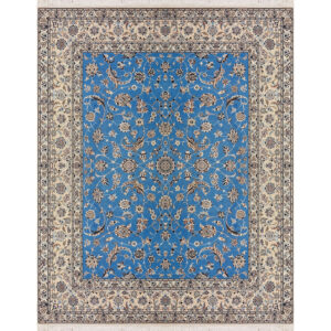 فرش دستباف نایین آبی نقشه افشان ۶ لا گل ابریشم – سایز خاص (۲۰۰ × ۲۶۰ سانتی‌متر) – کد ۱۰۵۷
