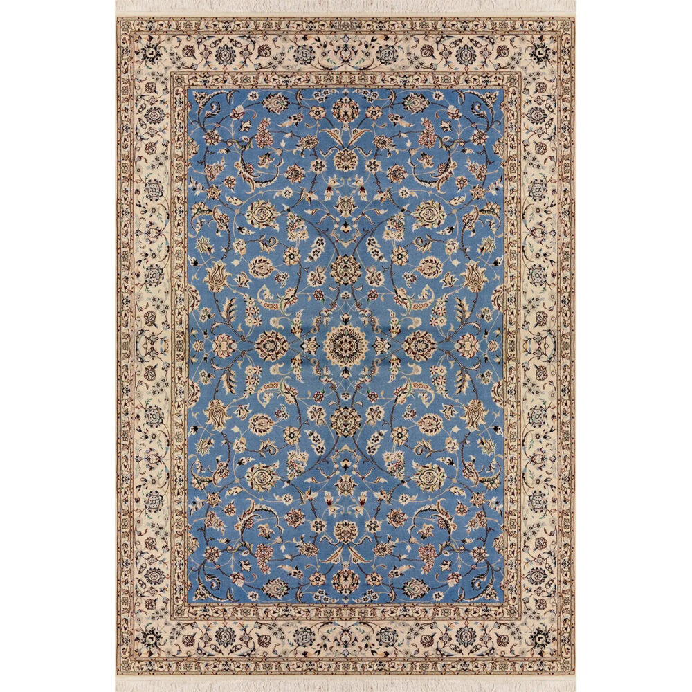 فرش دستباف نایین آبی نقشه افشان ۶ لا گل ابریشم – ۶ متری – کد ۱۰۵۵