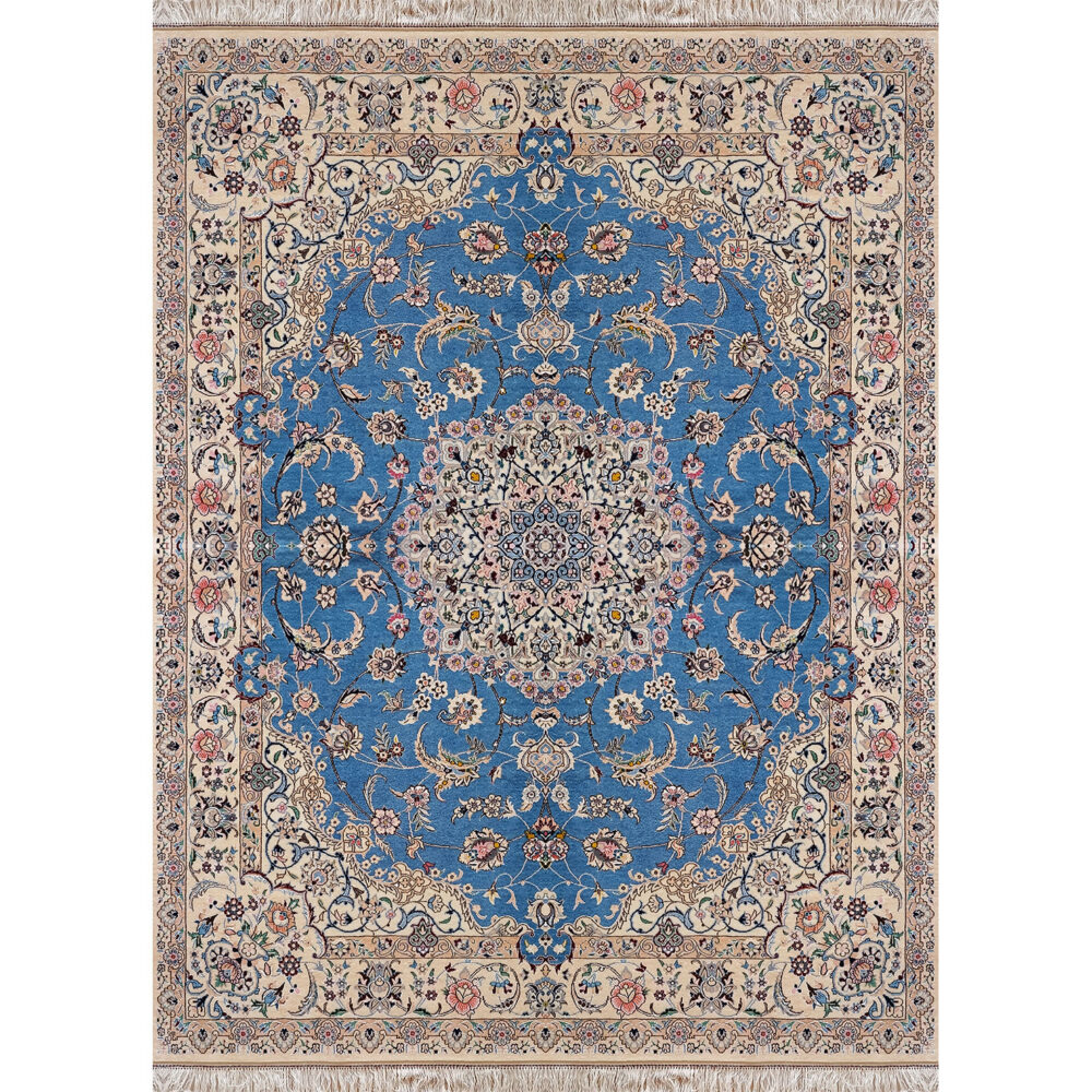 فرش دستباف نایین آبی نقشه لچک و ترنج ۶ لا گل ابریشم – قالیچه (۱۶۰ × ۲۰۰ سانتی‌متر) – کد ۱۰۶۸