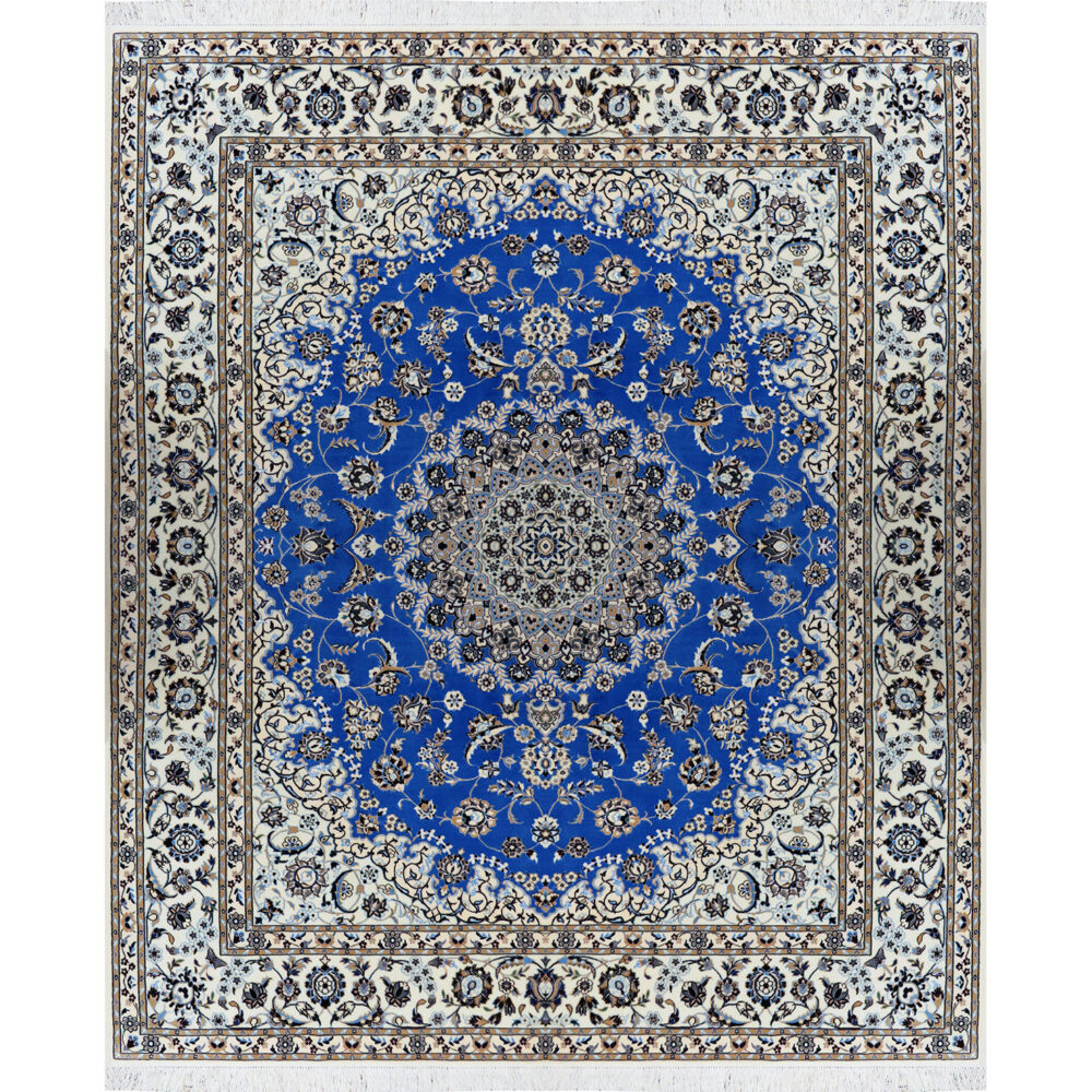 فرش دستباف نایین آبی نقشه لچک و ترنج ۶ لا گل ابریشم – سایز خاص (۲۱۰ × ۲۶۰ سانتیمتر) – کد ۹۱۵