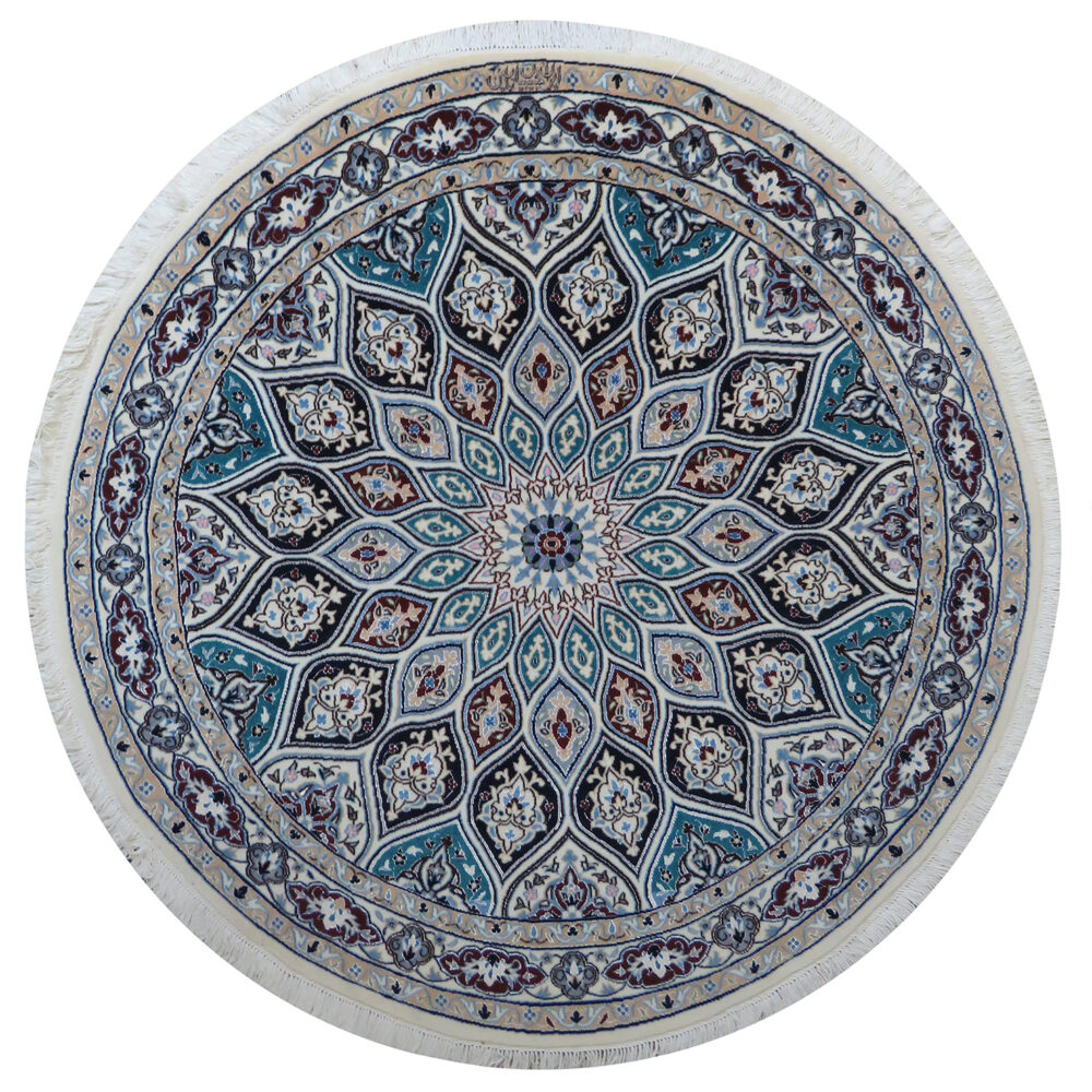 فرش دستبافت نایین دایره نقشه گنبد ۶ لا گل ابریشم – (قطر ۱۳۵ سانتیمتر) – کد ۹۱۹