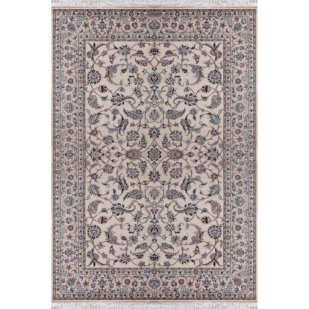 فرش دستباف نایین افشان کرم ۶ لا گل ابریشم – سایز پرده‌ای (۱۵۰ × ۲۴۰ سانتی‌متر) – کد ۱۰۷۰