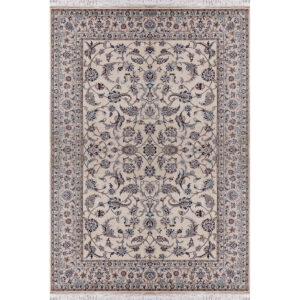 فرش دستباف نایین افشان کرم ۶ لا گل ابریشم – سایز پرده‌ای (۱۵۰ × ۲۴۰ سانتی‌متر) – کد ۱۰۷۰