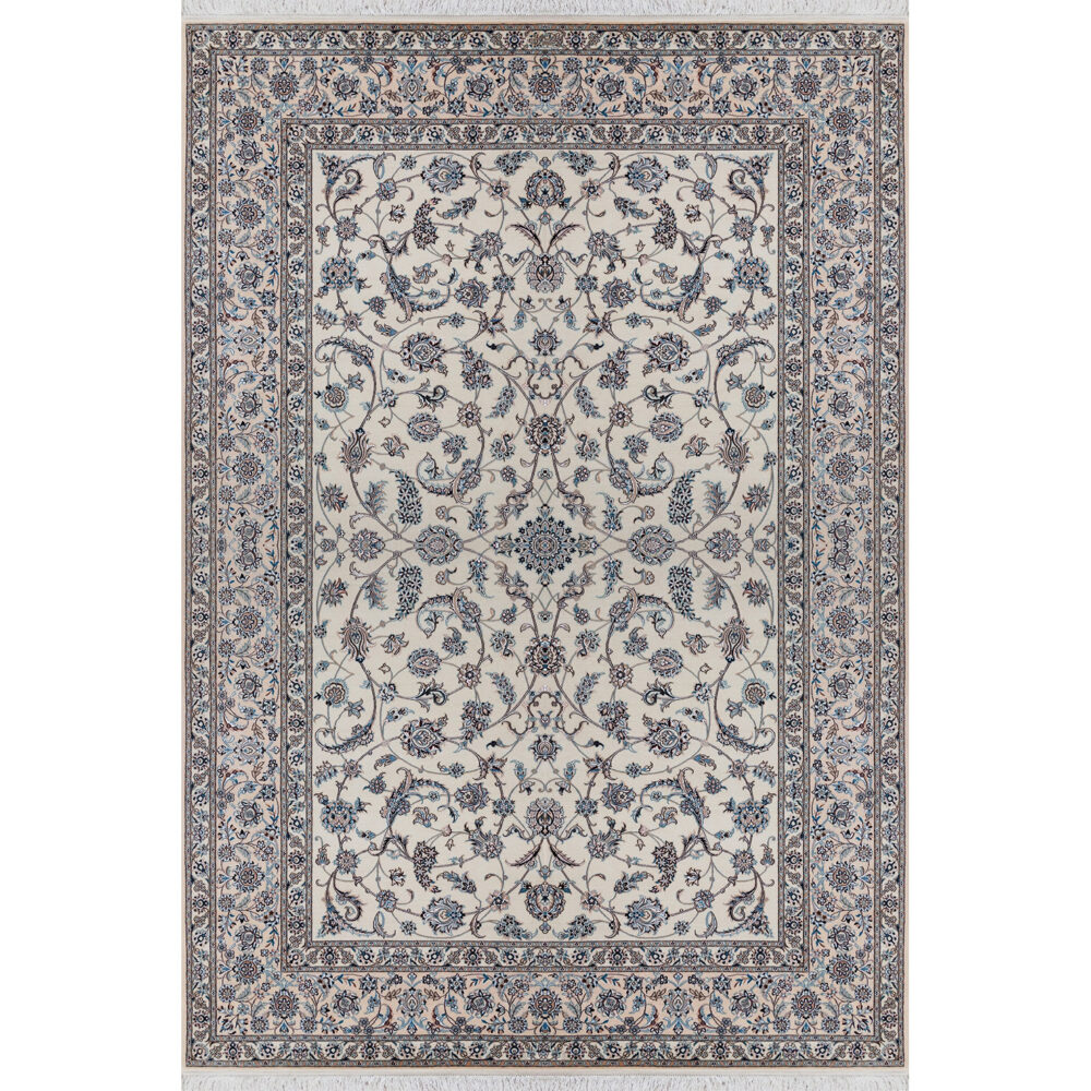 فرش نایین نقشه افشان دستباف کرم ۶ لا گل ابریشم – ۶ متری – کد ۱۰۶۰