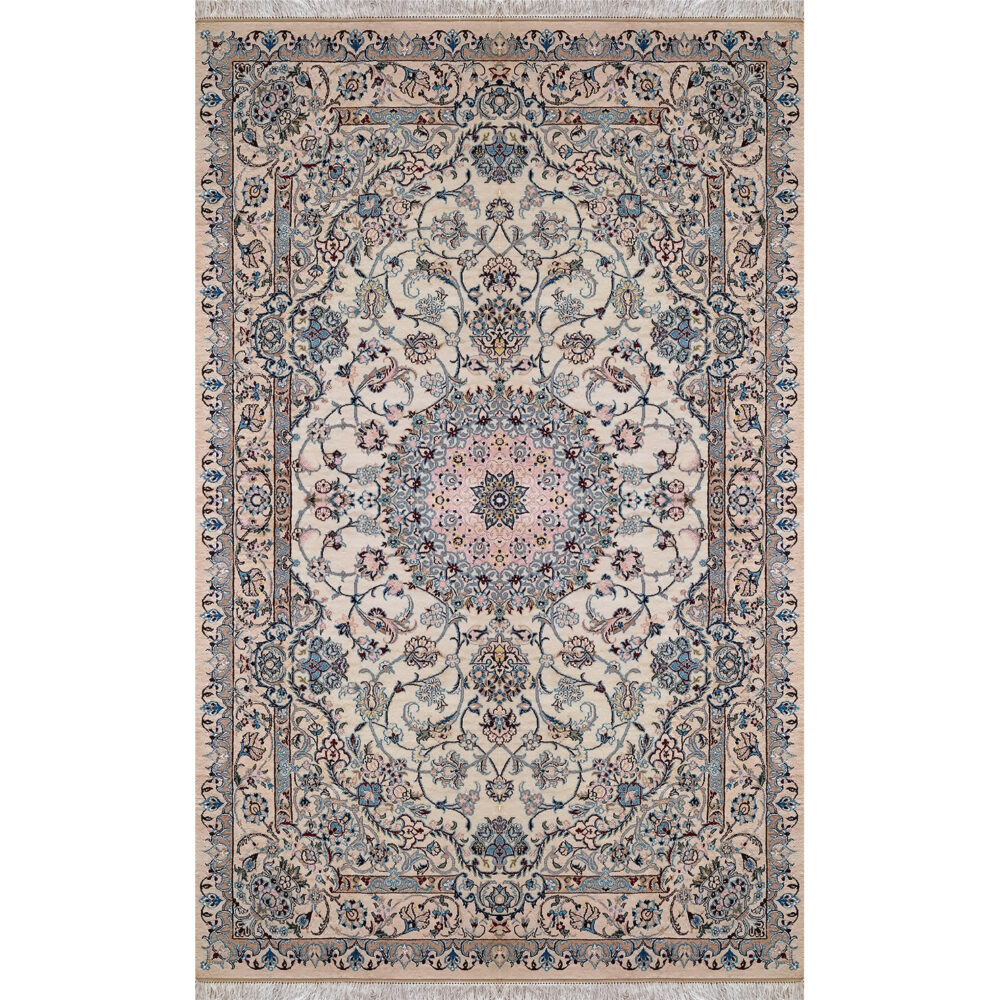 فرش دستباف نایین ۴متری کرم نقشه لچک و ترنج ۹ لا گل ابریشم  – کد ۱۰۶۹