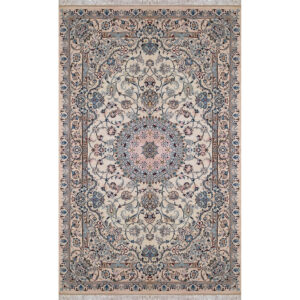 فرش دستباف نایین ۴متری کرم نقشه لچک و ترنج ۹ لا گل ابریشم  – کد ۱۰۶۹