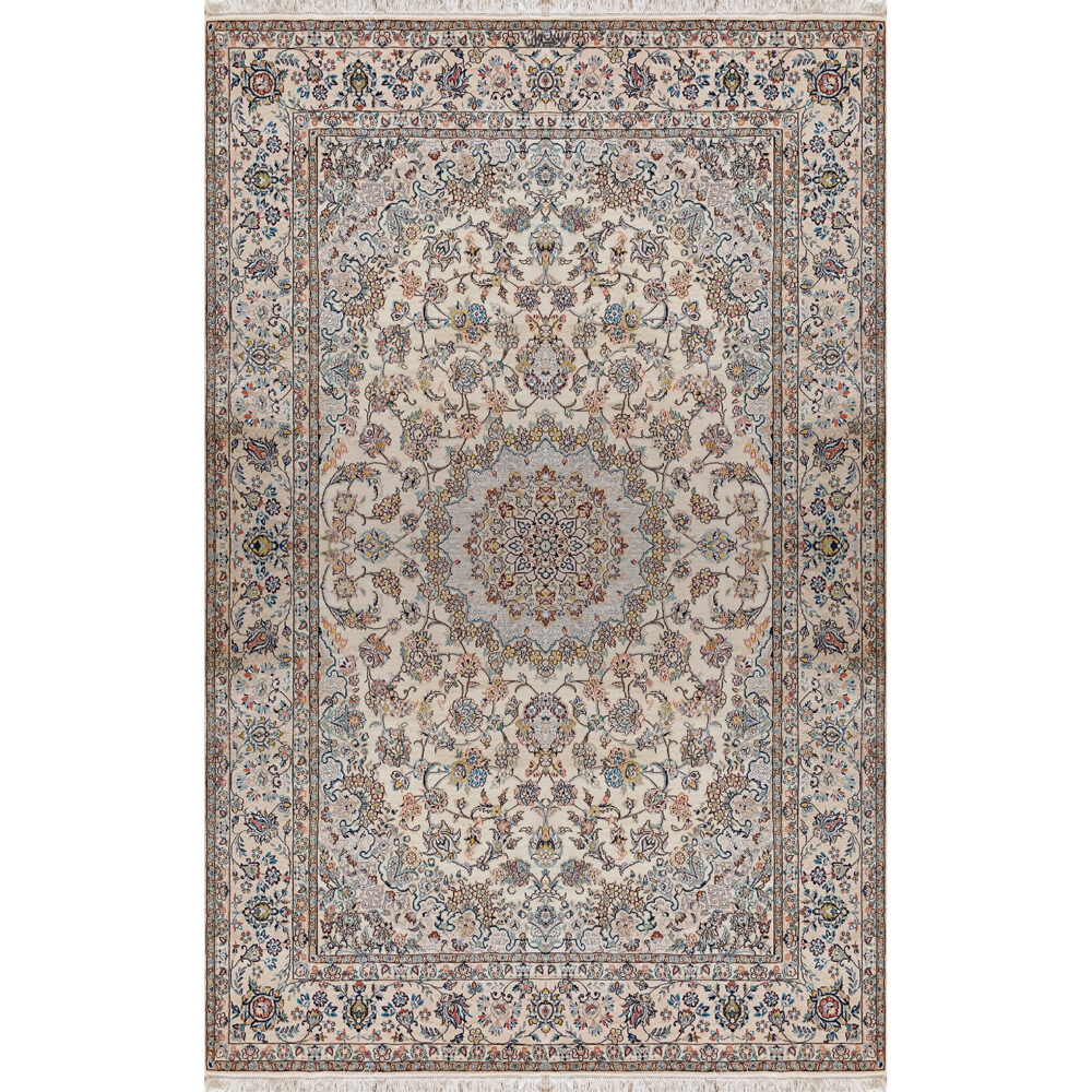 فرش دستباف نایین ۶متری کرم نقشه لچک و ترنج شرکت ۹ لا گل ابریشم  – کد ۱۰۵۹