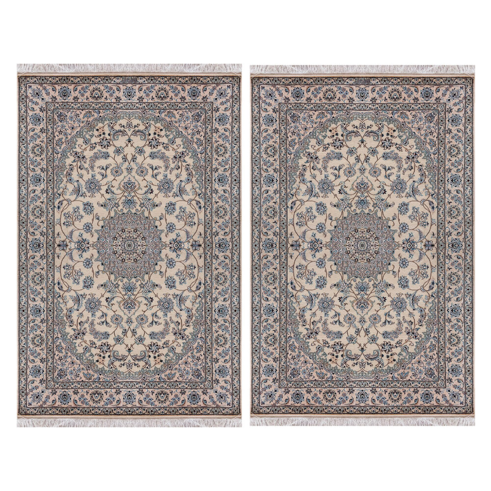 فرش دستباف نایین کرم نقشه لچک و ترنج ۶ لا گل ابریشم – جفت قالیچه (۱۳۳ × ۲۱۵ و ۱۳۳ × ۲۰۹ سانتی‌متر) – کدهای ۱۰۶۵ و ۱۰۶۶