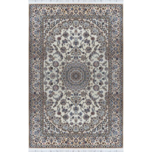 فرش دستباف نایین کرم نقشه لچک و ترنج رشیدی ۹ لا گل ابریشم – ۶ متری – کد ۹۲۳