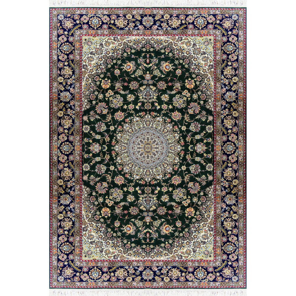 فرش دستباف نایین سبز با حاشیه سرمه‌ای نقشه لچک و ترنج ۹ لا گل ابریشم – ۶ متری – کد ۹۴۲