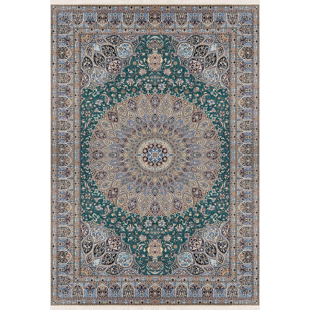 فرش دستباف نایین سبز نقشه حبیبیان ترنج گنبد ۶ لا گل ابریشم – ۹ متری (۲۵۰ × ۳۵۰ سانتی‌متر) – کد ۱۰۶۱