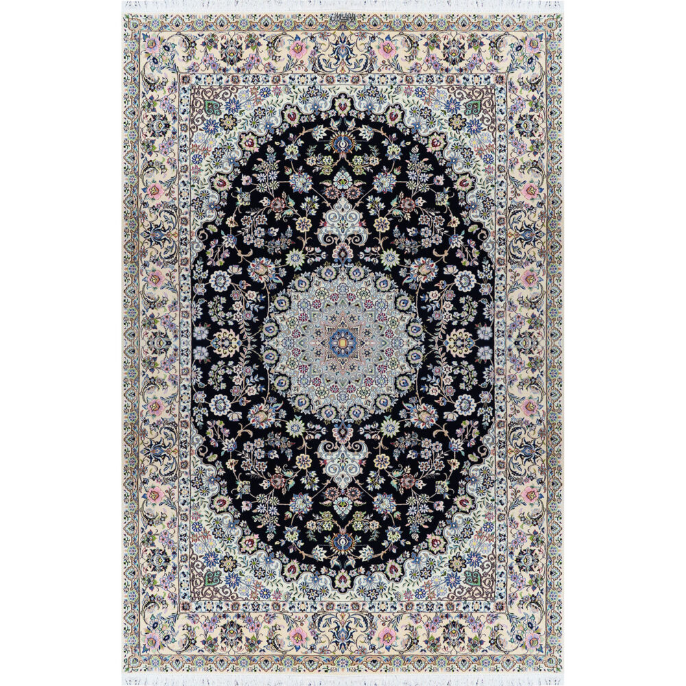 فرش دستباف نایین سرمه‌ای نقشه لچک و ترنج رشیدی ۹ لا گل ابریشم – ۶ متری – کد ۹۳۱