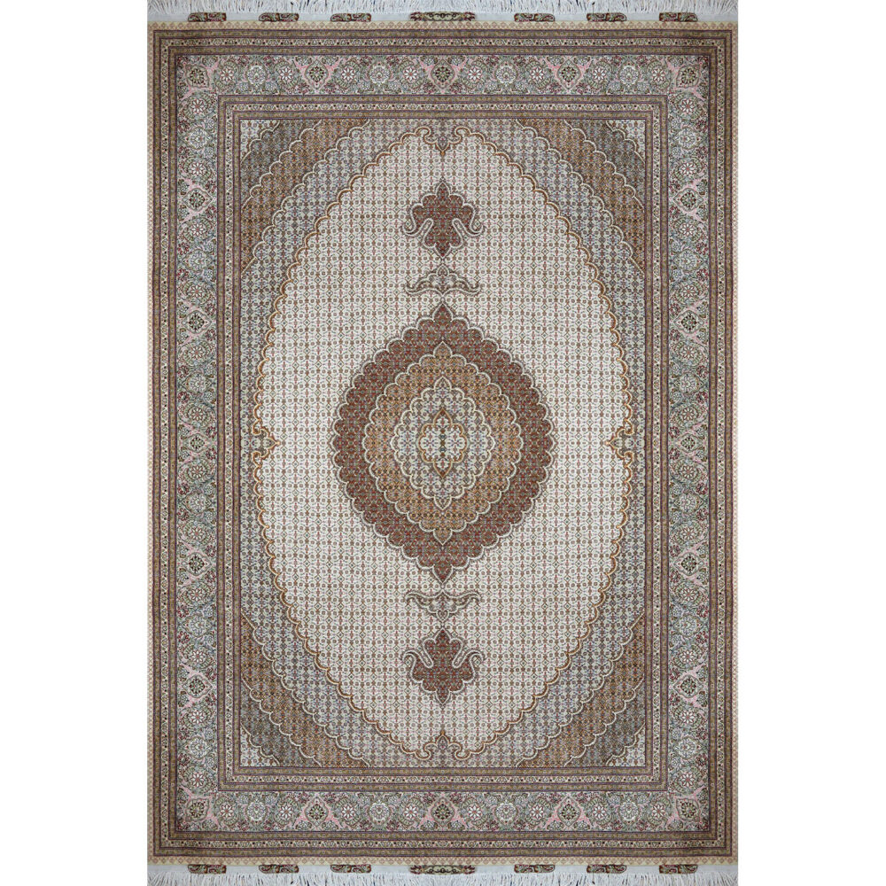 فرش تبریز نقشه ماهی دستباف کرم ۵۰ رج گل ابریشم – ۶ متری – کد ۸۸۶ – کارکرده