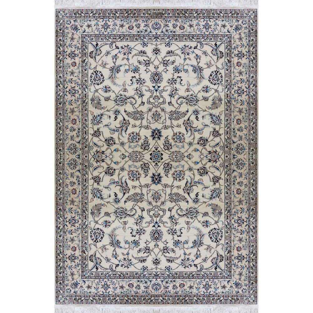 فرش دستباف نایین پرده‌ای کرم نقشه افشان ۶ لا گل ابریشم – سایز ۱۵۵ × ۲۴۵ سانتی‌متر – کد ۱۰۳۷