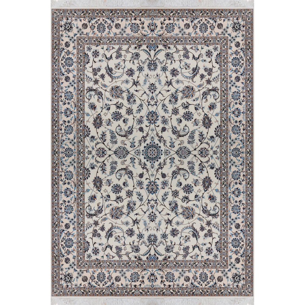 فرش نایین نقشه افشان دستباف کرم ۶ لا گل ابریشم – ۶ متری – کد ۱۰۸۳