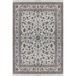 فرش نایین نقشه افشان دستباف کرم ۶ لا گل ابریشم – ۶ متری – کد ۱۰۸۳