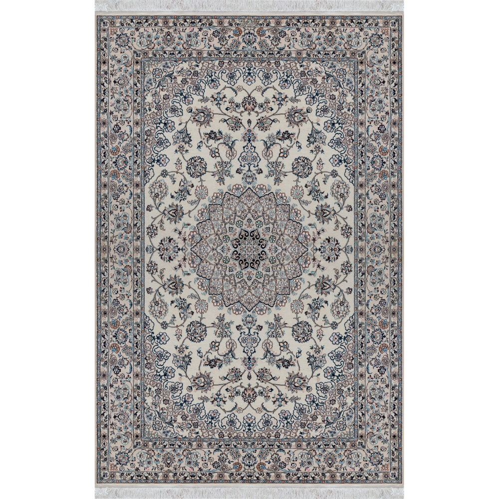 فرش دستباف نایین ۶لا کرم نقشه لچک و ترنج گل ابریشم – سایز پرده‌ای (۱۵۵ × ۲۴۰ سانتی‌متر) – کد ۱۰۸۹