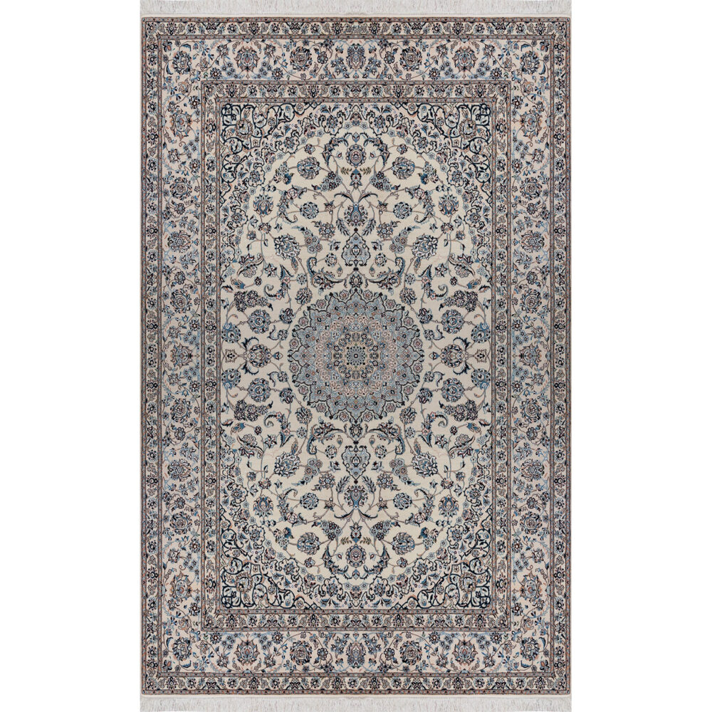 فرش دستباف نایین ۶لا کرم نقشه لچک و ترنج گل ابریشم – ۶ متری – کد ۱۰۸۷