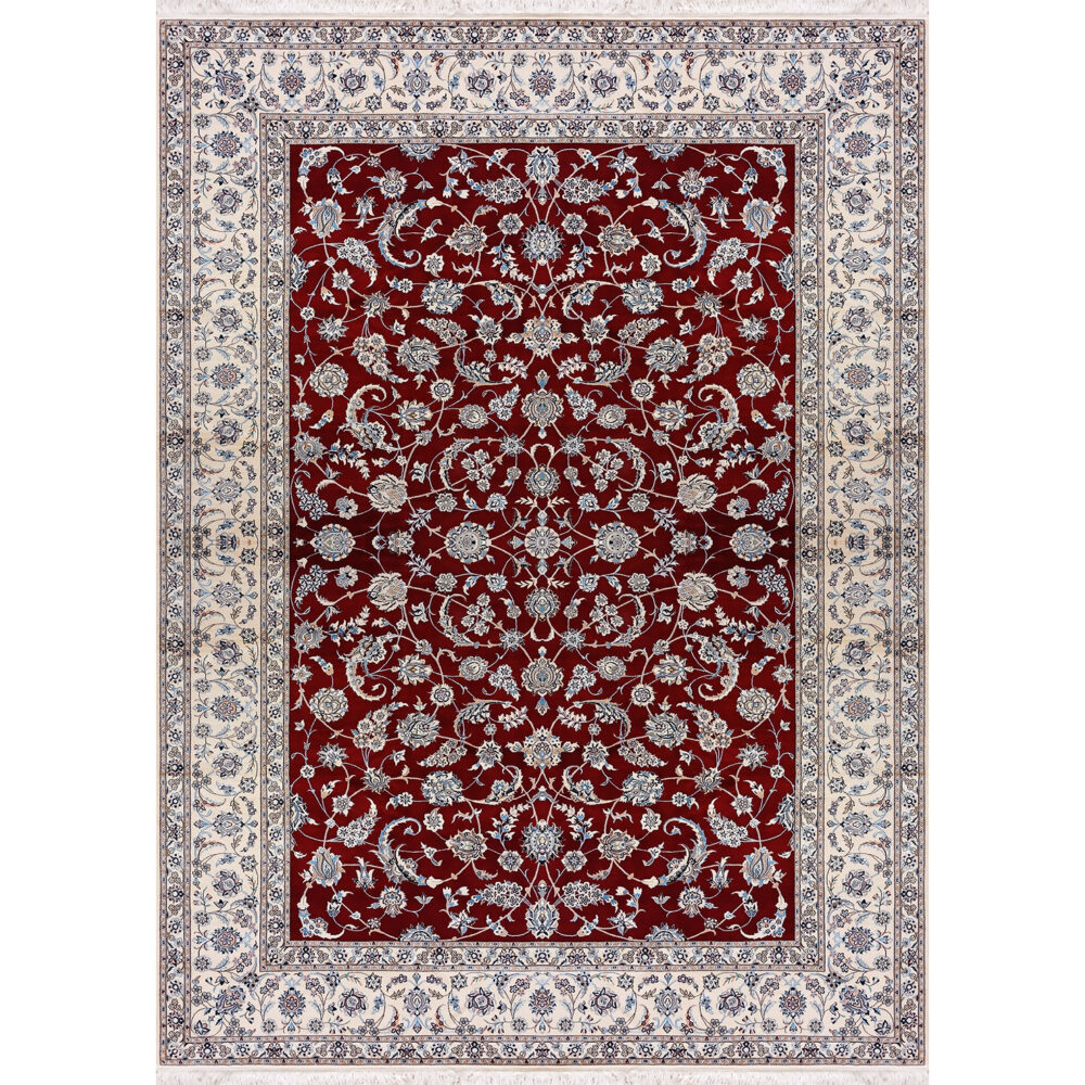 فرش دستباف نایین لاکی نقشه افشان ۶ لا گل ابریشم – ۹ متری – کد ۱۰۷۵