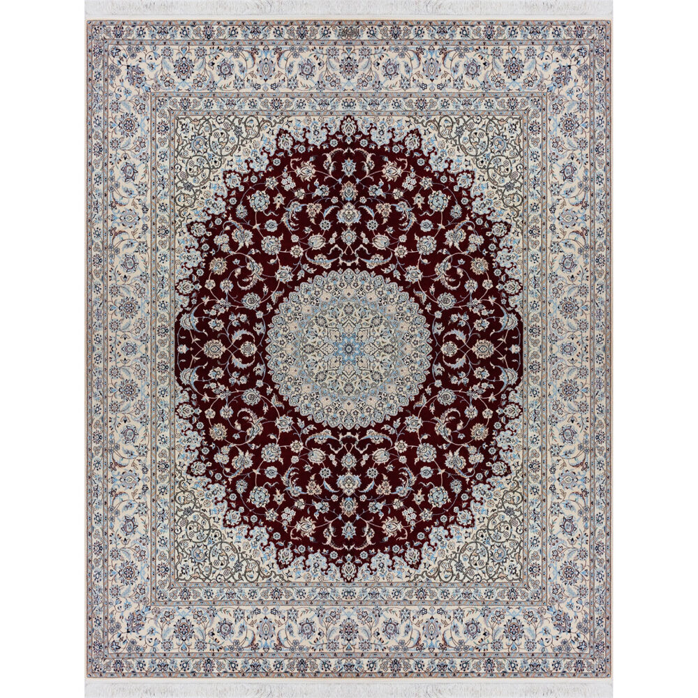 فرش دستباف نایین لاکی نقشه لچک و ترنج ۶ لا گل ابریشم – سایز خاص (۲۵۰ × ۳۰۰ سانتی‌متر) – کد ۱۰۷۶