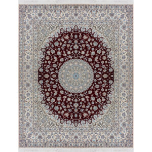 فرش دستباف نایین لاکی نقشه لچک و ترنج ۶ لا گل ابریشم – سایز خاص (۲۵۰ × ۳۰۰ سانتی‌متر) – کد ۱۰۷۶