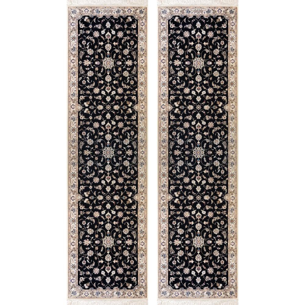 فرش دستباف نایین کناره جفت سایز (۸۵ × ۳۱۴ و ۸۵ × ۳۱۵ سانتی‌متر) سرمه‌ای نقشه افشان ۶ لا گل ابریشم – کد ۱۰۸۵ و ۱۰۸۶