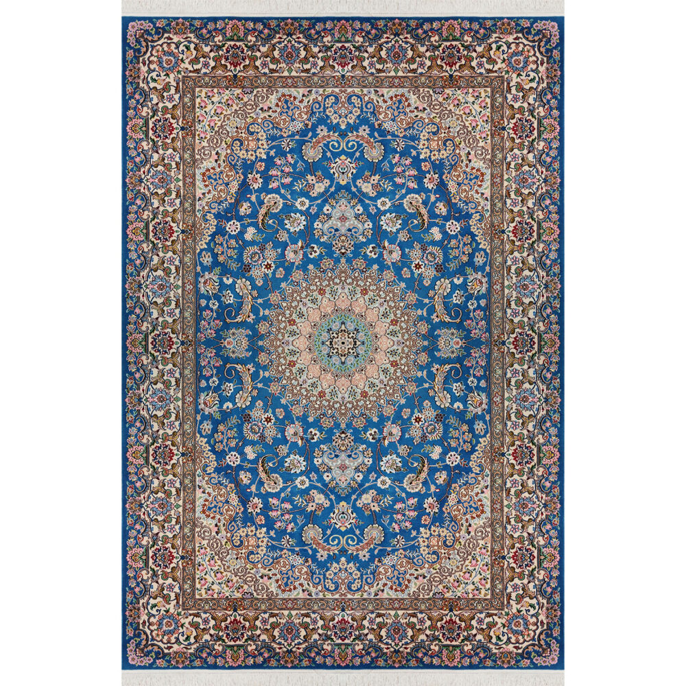 فرش دستباف نایین آبی نقشه لچک و ترنج ۹ لا گل ابریشم – ۶ متری – کد ۹۶۹