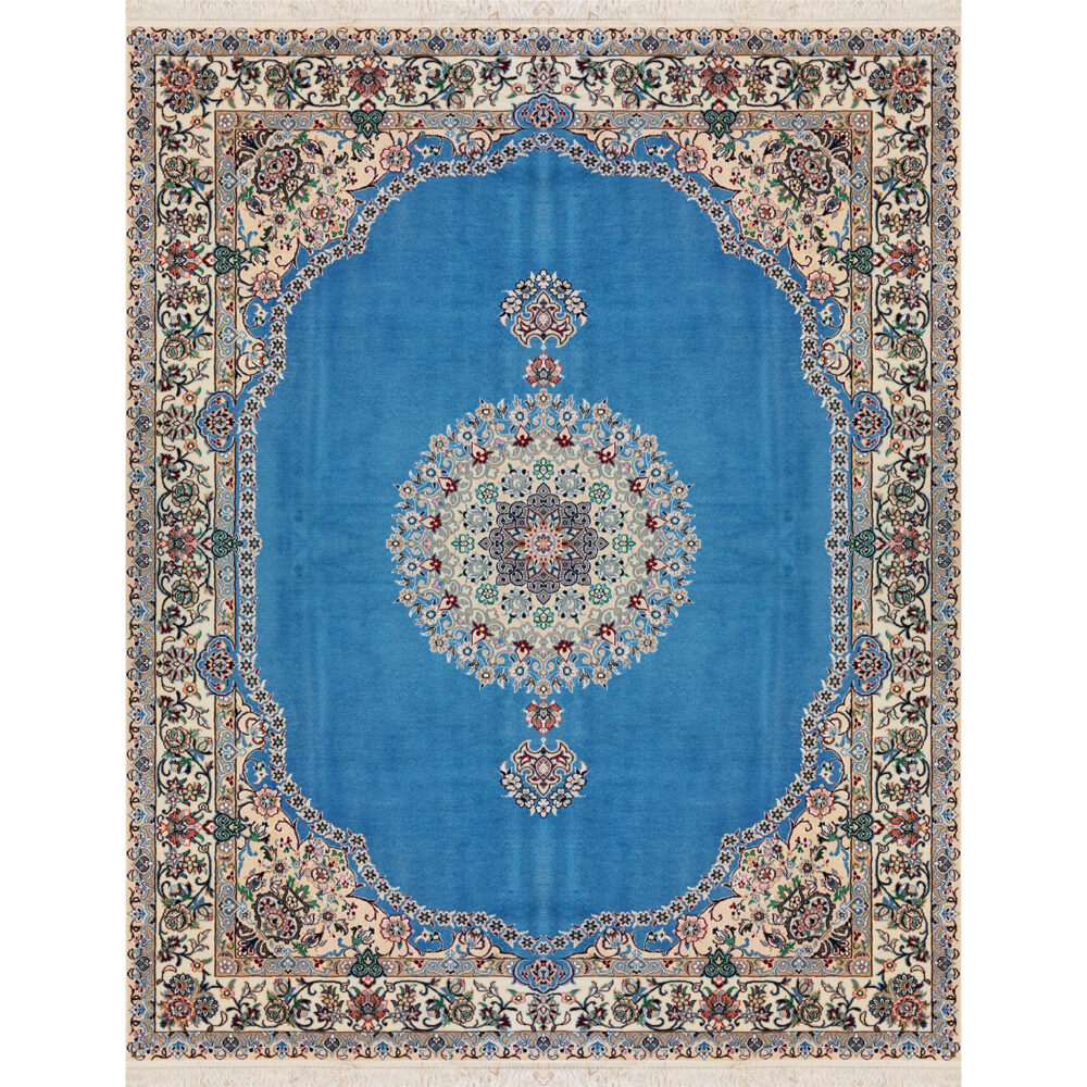 فرش نایین کف ساده دستباف آبی ۹ لا گل ابریشم – سایز خاص (۲۰۰ × ۲۵۰ سانتیمتر) – کد ۹۷۳