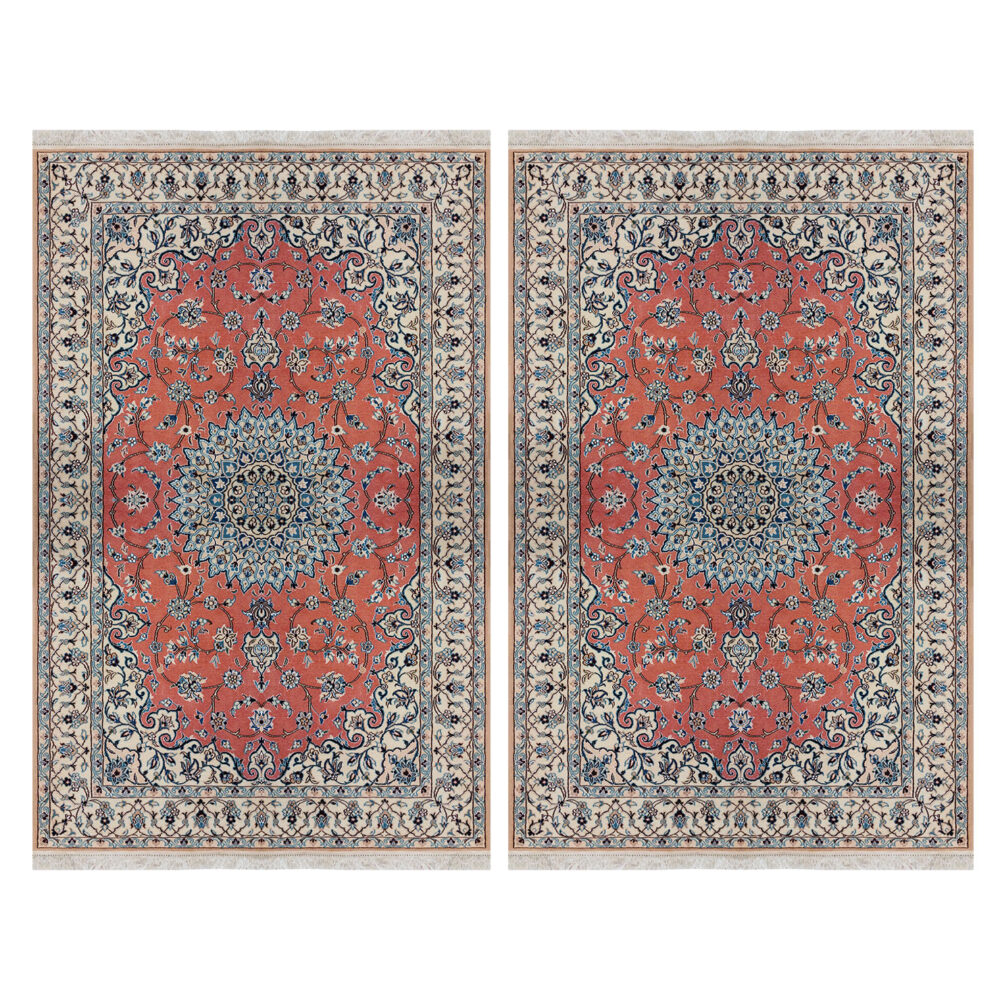 فرش دستباف نایین آجری نقشه لچک و ترنج ۹ لا گل ابریشم – جفت قالیچه (۱۳۸ × ۲۱۰ و ۱۳۰ × ۲۱۰ سانتی‌متر) – کدهای ۹۷۴ و ۹۷۵