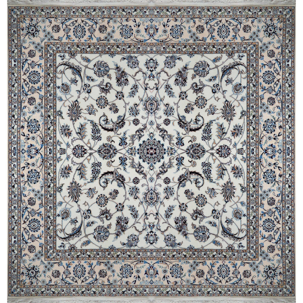 فرش دستباف نایین مربع ۲×۲ متر افشان کرم ۶ لا گل ابریشم – کد ۶۷۴