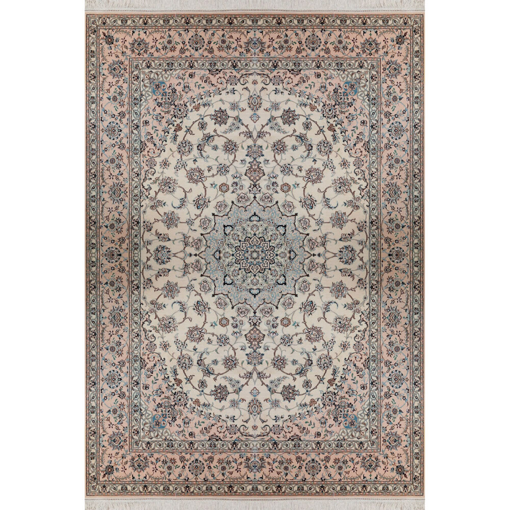 فرش دستباف نایین اخوان کرم ۹ لا گل ابریشم – ۶ متری – کد ۹۷۱