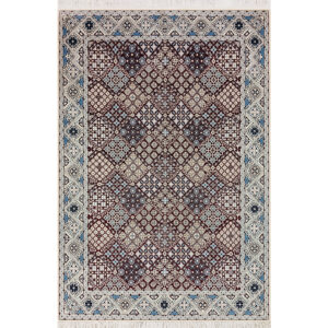 فرش دستباف نایین لاکی نقشه جوشقان ۶ لا گل ابریشم – قالیچه ( ۱۲۲ × ۱۹۵ سانتی‌متر) – کد ۱۰۹۹