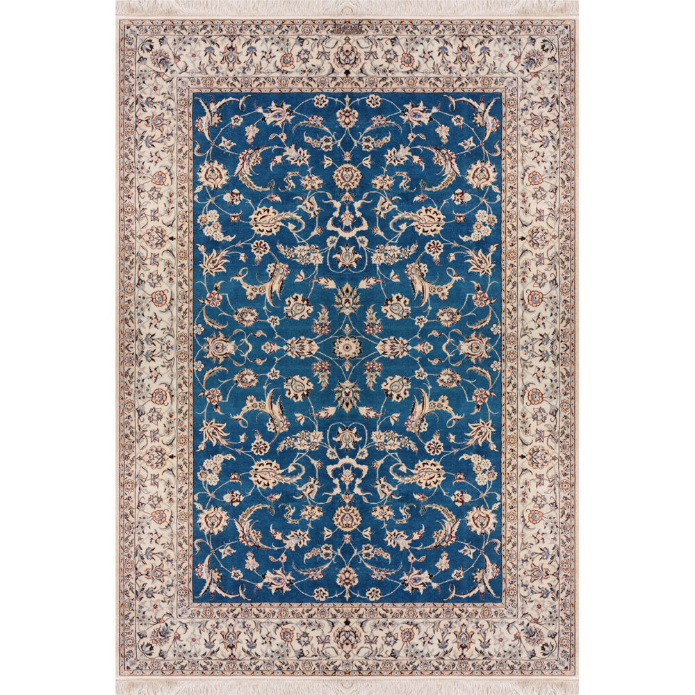 فرش دستباف نایین سبزآبی نقشه افشان ۶ لا گل ابریشم – سایز پرده‌ای (۱۶۰ × ۲۳۵ سانتی‌متر) – کد ۱۰۸۸