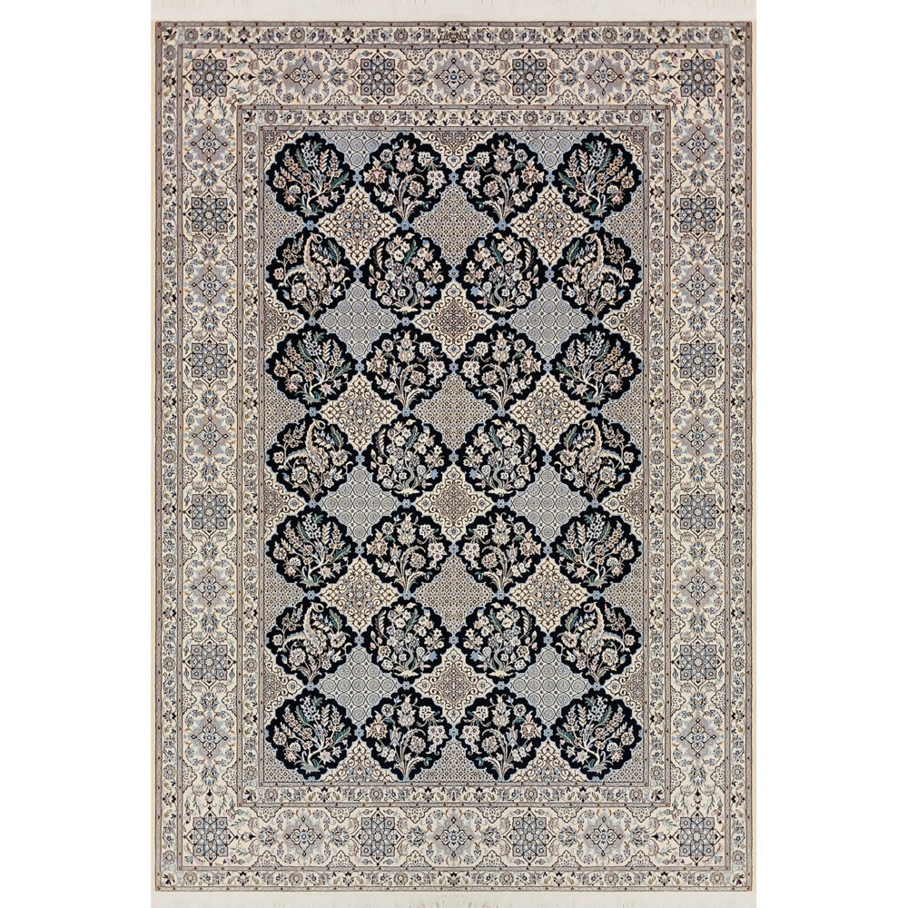 فرش دستباف نایین سرمه‌ای نقشه قاب گل ۶ لا گل ابریشم – ۶ متری (۲۰۵ × ۳۰۵ سانتی‌متر) – کد ۱۱۰۲