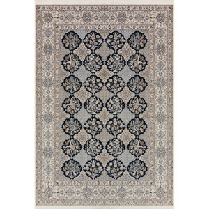 فرش دستباف نایین سرمه‌ای نقشه قاب گل ۶ لا گل ابریشم – ۶ متری (۲۰۵ × ۳۰۵ سانتی‌متر) – کد ۱۱۰۲