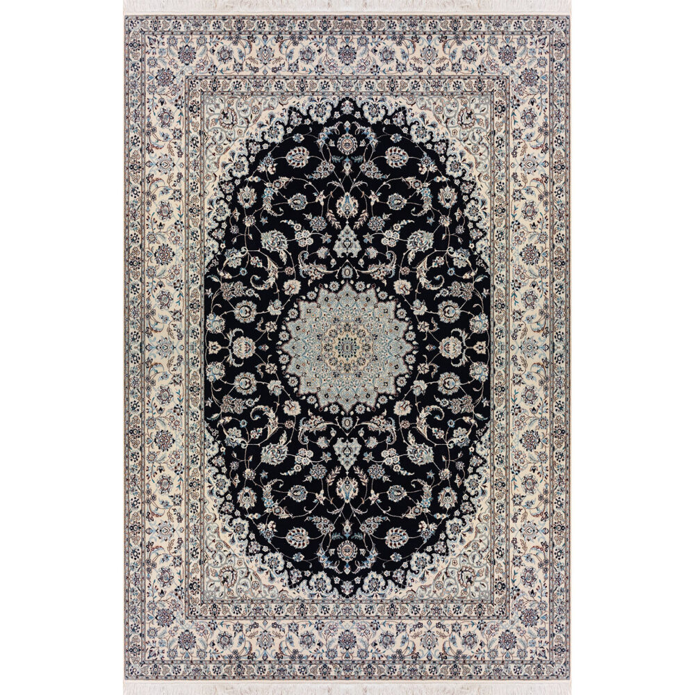 فرش دستباف نایین سرمه‌ای نقشه لچک و ترنج ۶ لا گل ابریشم – ۶ متری – کد ۱۰۹۵