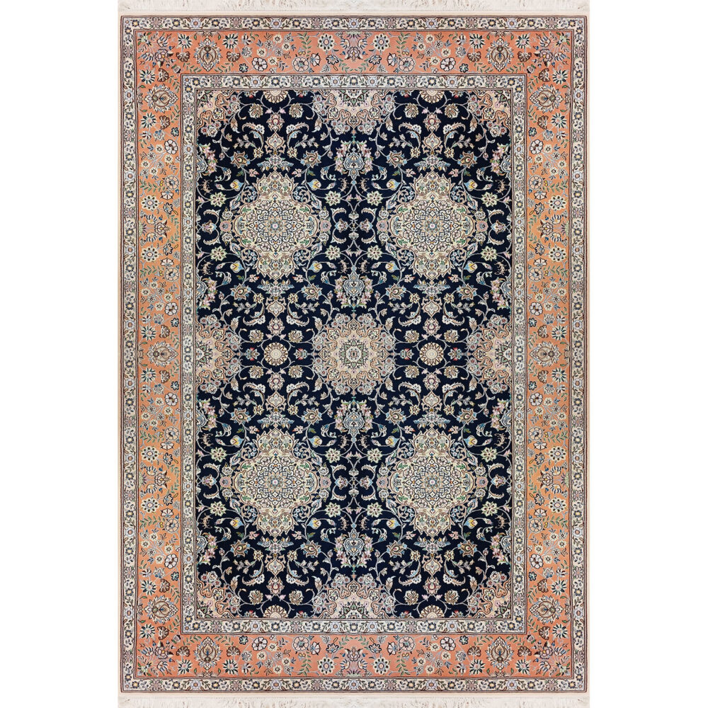 فرش نایین نقشه سلطنتی دستباف سرمه‌ای با حاشیه‌ پوست‌پیازی ۹ لا گل ابریشم – ۶ متری – کد ۹۷۲