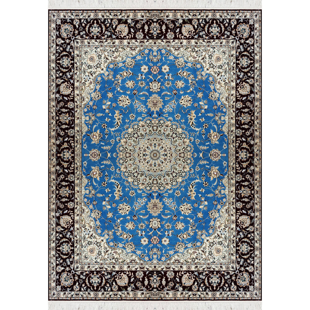 فرش دستباف نایین آبی حاشیه زرشکی نقشه لچک و ترنج ۶ لا گل ابریشم – سایز پرده‌ای (۱۶۰ × ۲۲۰ سانتی‌متر) – کد ۹۹۵