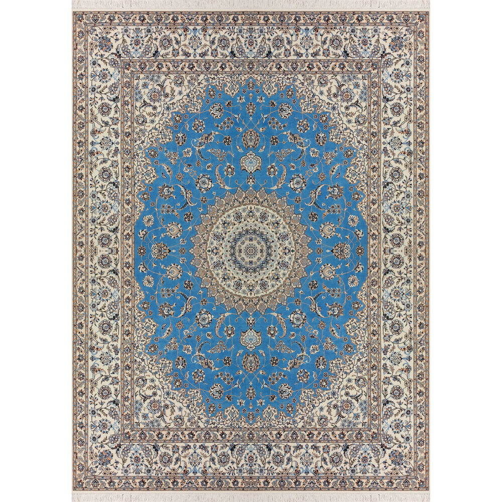 فرش نایین آبی ۶لا دستباف نقشه لچک و ترنج گل ابریشم – ۹ متری – کد ۹۸۴