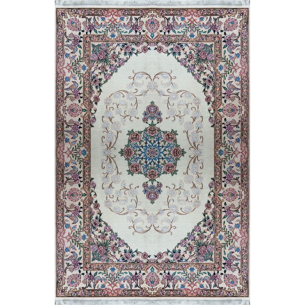 فرش دستباف نایین کرم نقشه لچک و ترنج ۹ لا گل ابریشم – سایز پرده‌ای (۱۶۰ × ۲۵۰ سانتی‌متر) – کد ۹