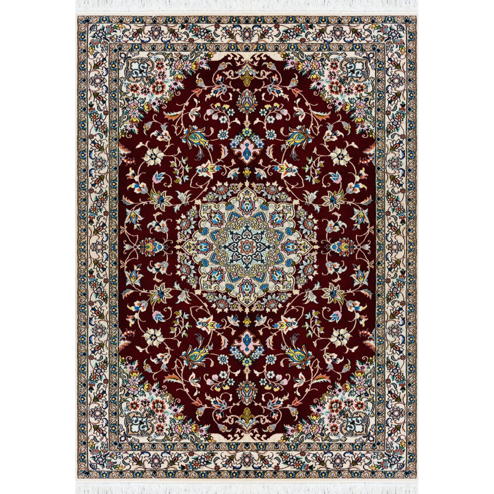 فرش دستباف نایین لاکی نقشه لچک و ترنج ۹ لا گل ابریشم – سایز پرده‌ای (۱۵۵ × ۲۱۵ سانتی‌متر) – کد ۹۹۸