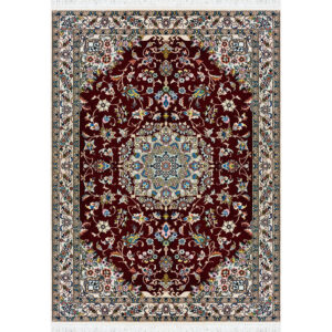 فرش دستباف نایین لاکی نقشه لچک و ترنج ۹ لا گل ابریشم – سایز پرده‌ای (۱۵۵ × ۲۱۵ سانتی‌متر) – کد ۹۹۸