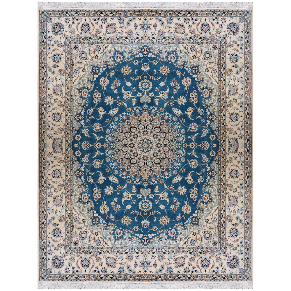 فرش دستباف نایین سبزآبی نقشه لچک و ترنج ۶ لا گل ابریشم – سایز پرده‌ای (۱۷۵ × ۲۲۵ سانتی‌متر) – کد ۷